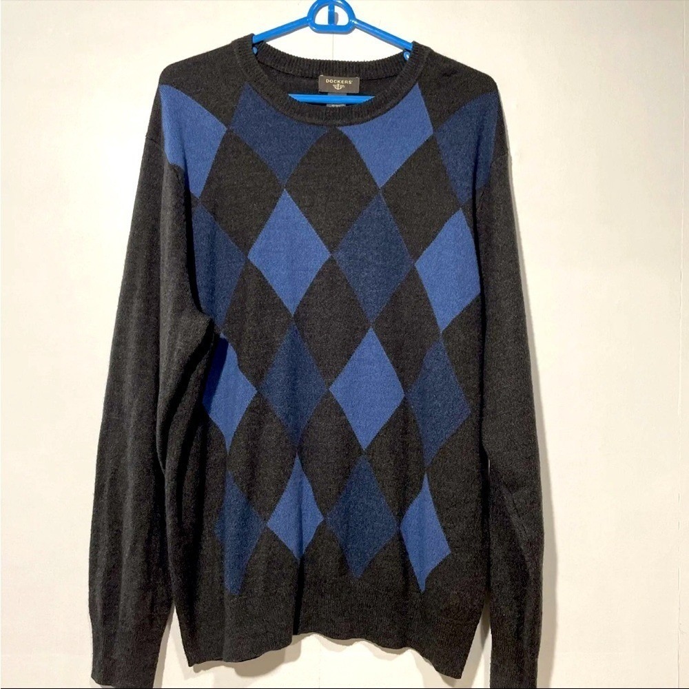 Dockers Argyle Sweater Mens XL Black Blue Long Sleeve Crewneckk Preppy Work
